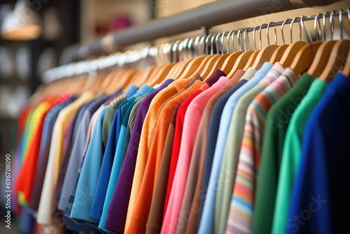 Colorful shirts on hangers in fashion store, closeup view, Clothing on hangers in a fashion store, Shallow depth of field, AI Generated