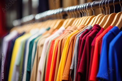 Colorful shirts on hangers in fashion store, shallow depth of field, Clothing on hangers in a fashion store, Shallow depth of field, AI Generated © Ifti Digital