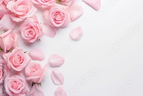 pink and white rose petals on white background with copy space, Close-up of blooming pink roses flowers and petals isolated on a white table background with empty space, AI Generated © Ifti Digital