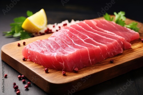 Fresh raw tuna fish with parsley and lemon on wooden cutting board, Close-up view of a fresh raw tuna steak on a cutting board, AI Generated