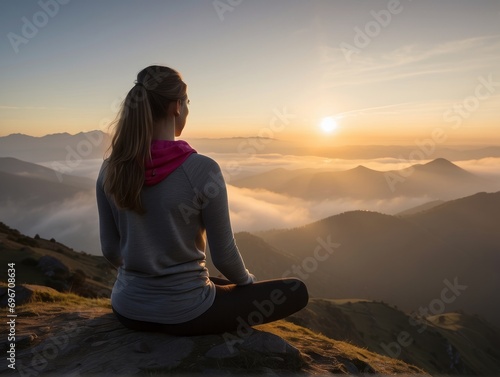 photo shot of woman practices maditation from the back and meditates on mountain background photo