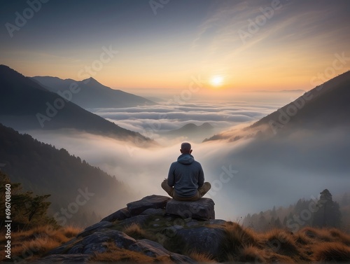 photo shot of man practices maditation from the back and meditates on mountain background photo