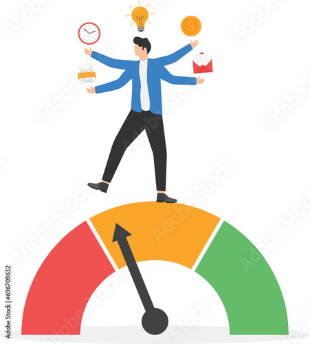 Productivity or work efficiency, employee performance or skill for work accomplishment, multitasking work or success talent concept, smart businessman on high performance handle multi tasks.

