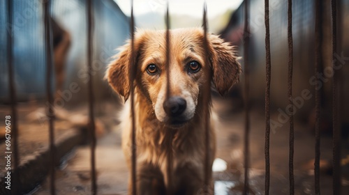 Within the confines of an animal shelter cage, a sad and hungry abandoned dog looks out through the old rusty grid, expressing the plight of homeless animals