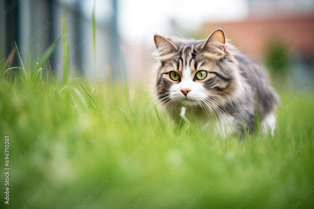 longhaired cat stalking in the grass