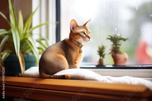 abyssinian cat on a cushioned bay window seat photo