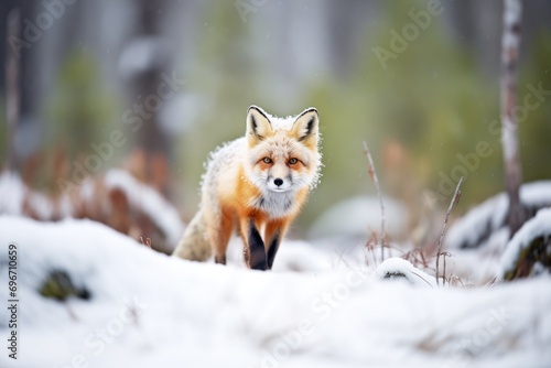 red fox standing alert in a snowy forest clearing