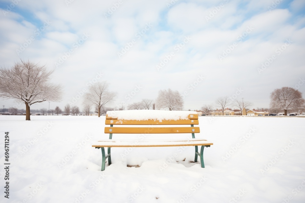 lone bench with footprints in snow leading up