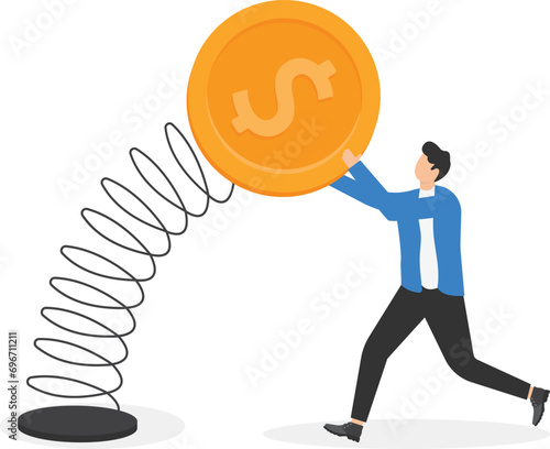 Stock market volatility and fluctuation, market swing by greed and fear of investor or financial investment risk concept, businessman investor trying to grab and pull dollar money sign tie with spring