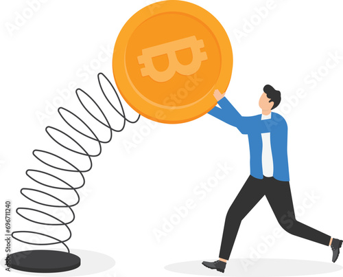 Bitcoin and cryptocurrency volatility, investment and speculation risk, price fluctuation and uncertainty, crypto value swing up and down, businessman trader holding swing unstable Bitcoin symbol.

