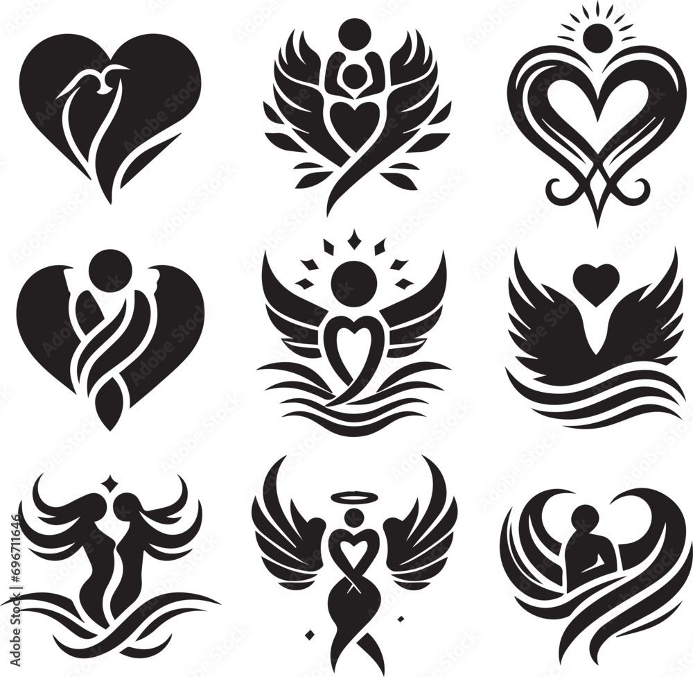 Black silhouette heart flat icon set isolated on white for Health care, wedding, Valentine day card. Black silhouette heart flat icon set isolated on white for Health care, wedding, Valentine day card.