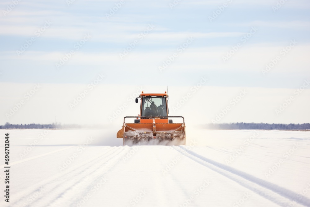 snowplow leaving trails on a snowy field snowplow leaving trails on a snowy field