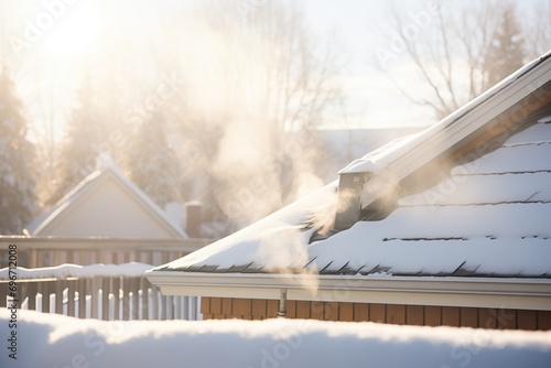 fresh snow on shingled roof with a thin stream of smoke