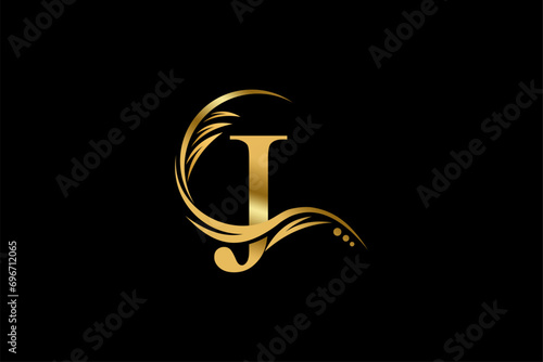 Gold letter J logo design with beautiful leaf, flower and feather ornaments. initial letter J. monogram J flourish. suitable for logos for boutiques, businesses, companies, beauty, offices, spas, etc