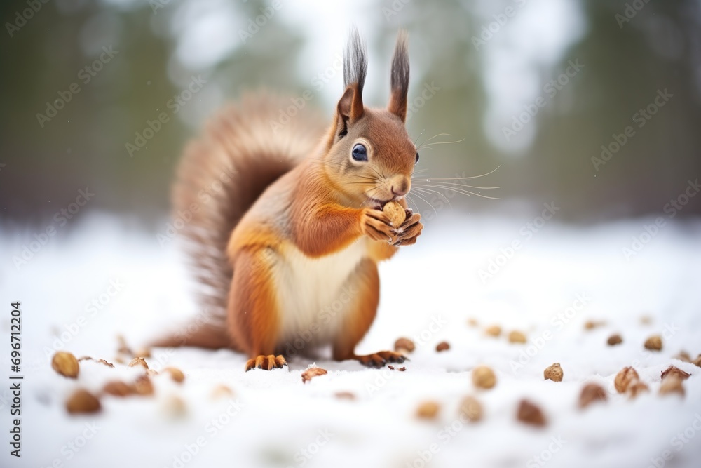 squirrel munching on pine nuts in the snow squirrel munching on pine nuts in the snow