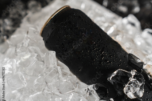 Can mockup of cold beverage with ice cube. Summer refreshing drink.