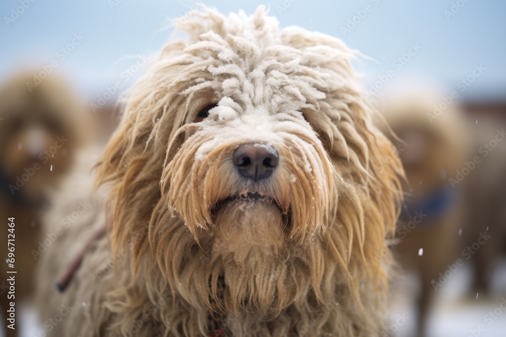 snowflakes clinging to a woolly sheepdog