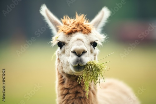 alpaca with mouth full of grass photo