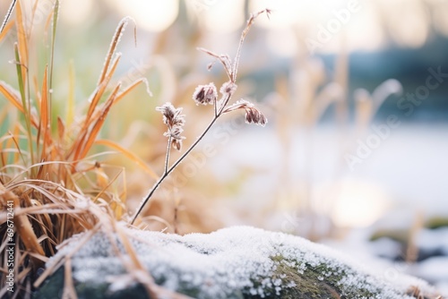close-up of frosted plants beside the brook
