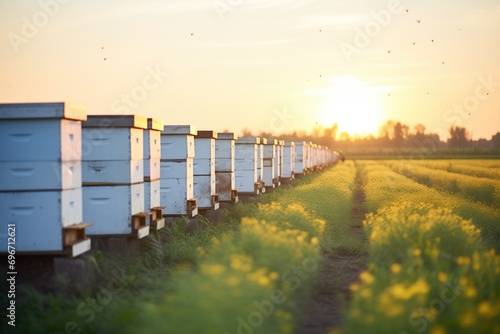 line of hives with bees and sunset in countryside photo