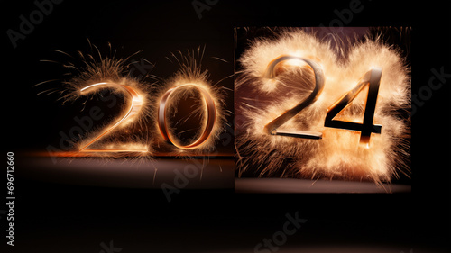 Neujahr Sylvester 24 in goldenen Zahlen abstrakt Grafik Layout Design für Werbung und Druck. ai generativ photo