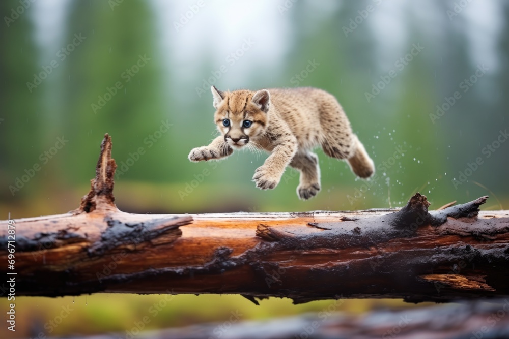 Naklejka premium cougar in mid-pounce over a log