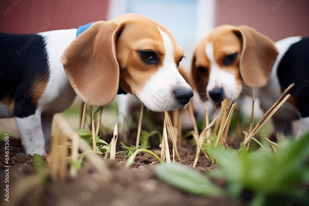 a group of beagles digging in a garden