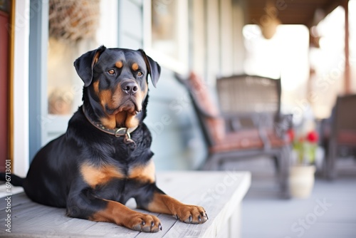 a rottweiler guarding the farmhouse porch photo