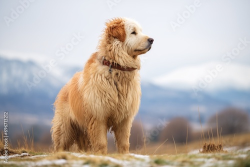pyrenean mountain dog overlooking a snowy pasture photo