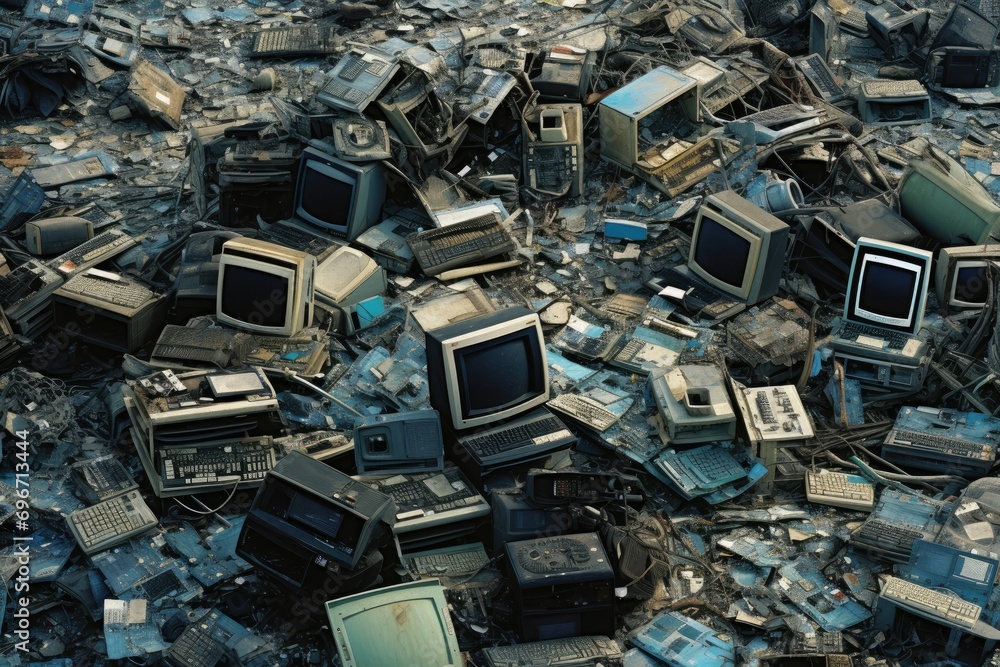 Aerial view of a garbage dump with lots of old computer and mobile phones, Aerial view capturing a garbage dump with old computers, calculators, and other discarded items, AI Generated Aerial view of a garbage dump with lots of old computer and mobile phones, Aerial view capturing a garbage dump with old computers, calculators, and other discarded items, AI Generated