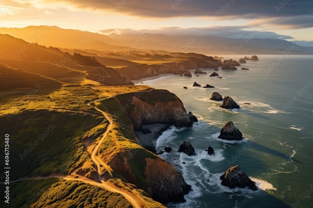Aerial view of the Pacific Ocean at sunset, California, USA, Aerial view of Marin Headlands and the Golden Gate Bay at sunset, AI Generated