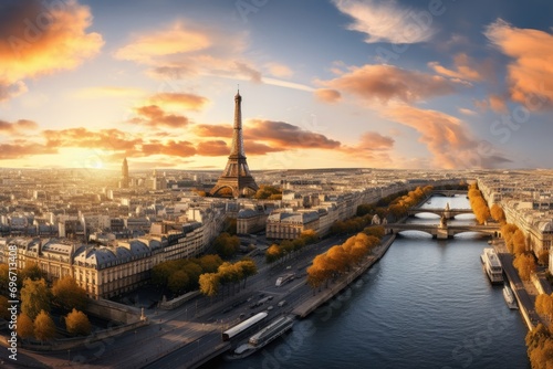 Eiffel Tower at sunset in Paris, France. Aerial view, Aerial panoramic view of Paris with the Eiffel Tower during sunset in France, AI Generated © Iftikhar alam