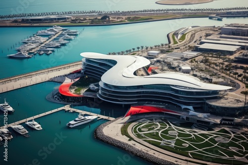 Dubai Metro as world's longest fully automated metro network (75 km), Dubai, UAE, Aerial photo, Yas Island Marina, Abu Dhabi, featuring yachts and the Formula 1 race circuit, AI Generated