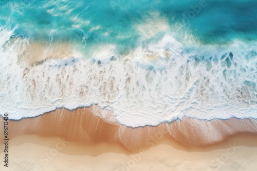 Aerial view of beautiful tropical beach with turquoise ocean wave, Aerial view capturing a beautiful sandy beach and ocean wave, taken by a drone, AI Generated