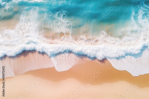 Aerial view of beautiful sandy beach with turquoise ocean waves, Aerial view capturing a beautiful sandy beach and ocean wave, taken by a drone, AI Generated