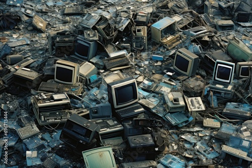 Aerial view of a garbage dump with lots of old computer and mobile phones, Aerial view capturing a garbage dump with old computers, calculators, and other discarded items, AI Generated
