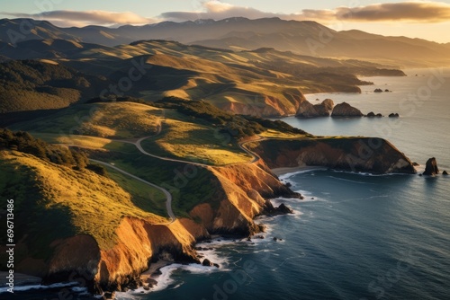 Aerial view of the Pacific Coast of California at sunset, USA, Aerial view of Marin Headlands and the Golden Gate Bay at sunset, AI Generated photo