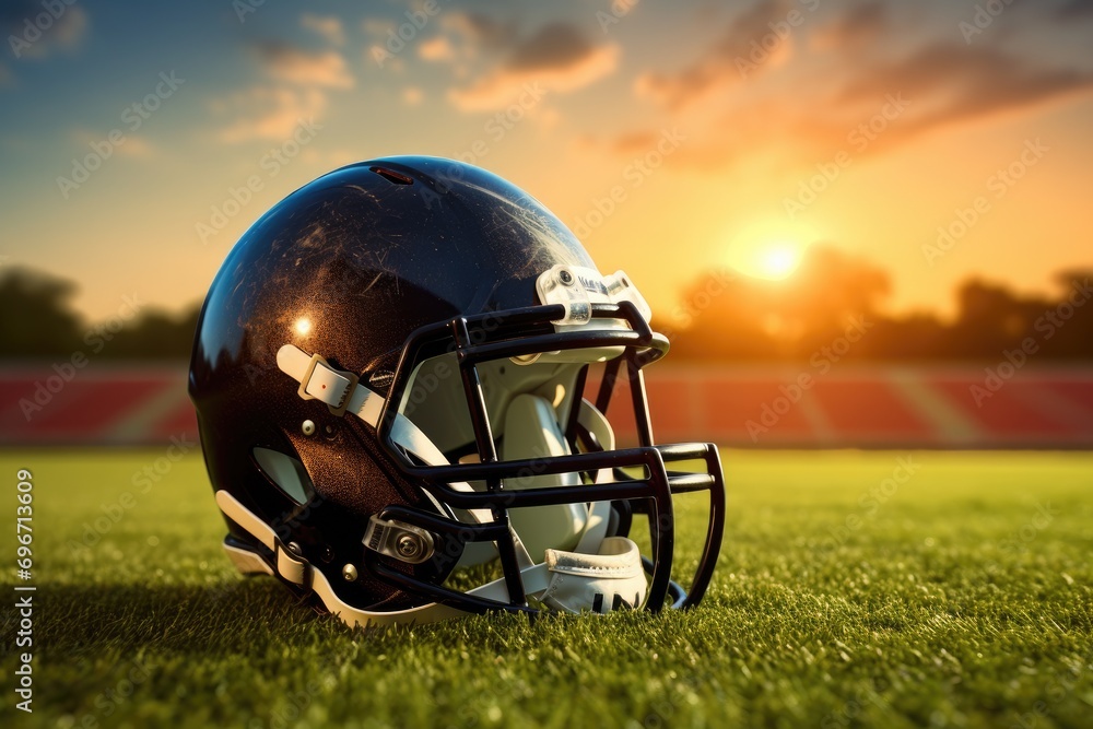 American football helmet on green grass with sunset in background. American football concept, American football and helmet on the field, AI Generated American football helmet on green grass with sunset in background. American football concept, American football and helmet on the field, AI Generated