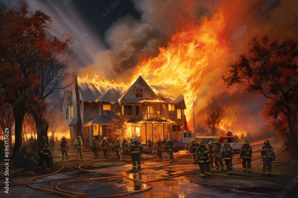Firefighters extinguish a fire in a house in the forest, American houses on fire and firefighters attempting to stop the fire, AI Generated Firefighters extinguish a fire in a house in the forest, American houses on fire and firefighters attempting to stop the fire, AI Generated