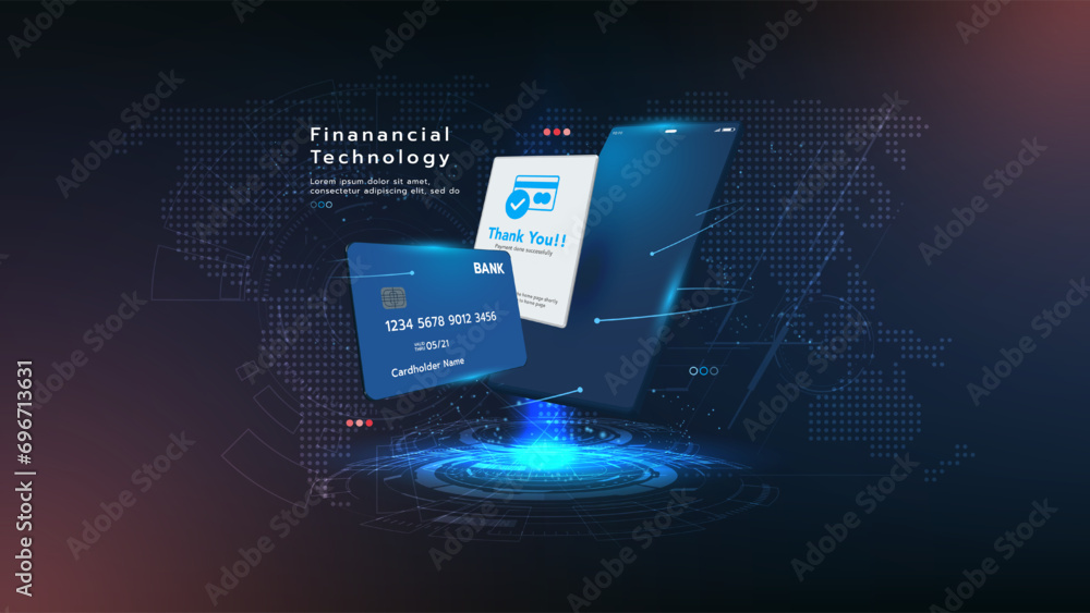 Financial technology online banking and payment. Smartphone and internet banking application. Online payment transaction via credit card. Smart wallet. Financial technology and business concept. - obrazy, fototapety, plakaty 