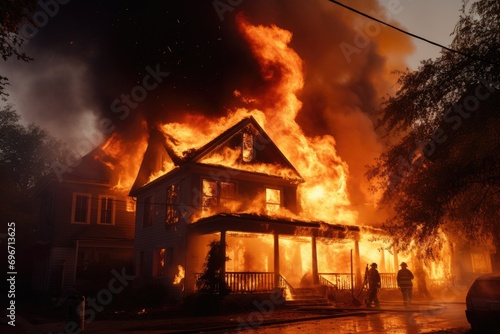 Firefighters fighting a fire in a house at night. Firefighters fighting a fire  American house on fire  and firefighters are working to extinguish the flames  AI Generated