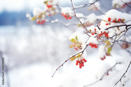 pristine snow enveloping a bush of serviceberries