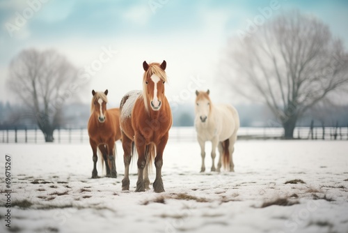 horses in a snowy pastureland