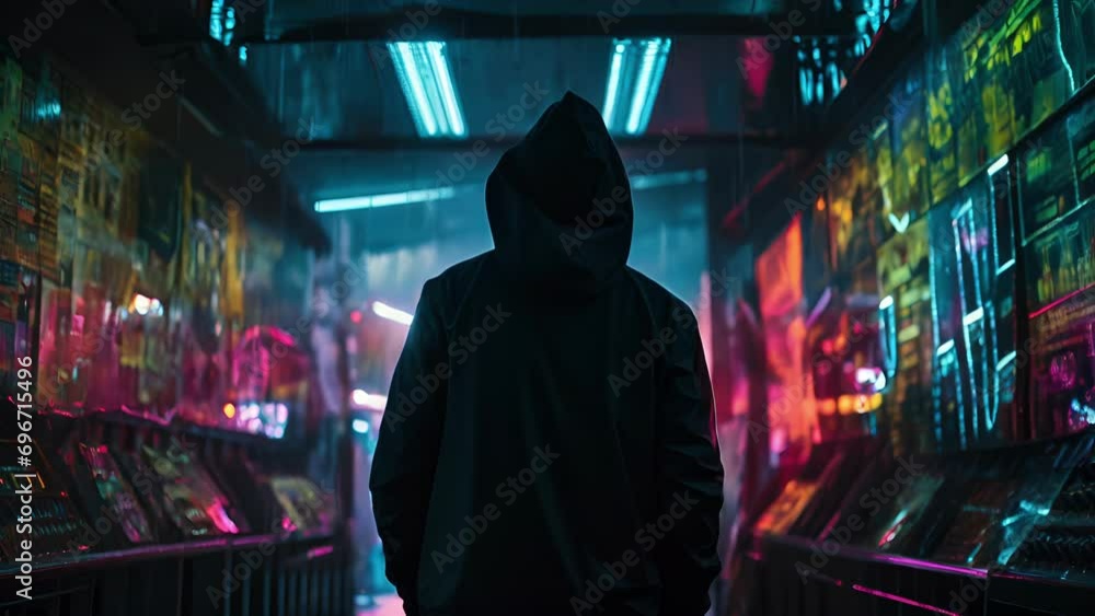 A hooded figure silhouetted against a backdrop of neon signs and lights. cyberpunk ar A hooded figure silhouetted against a backdrop of neon signs and lights. cyberpunk ar
