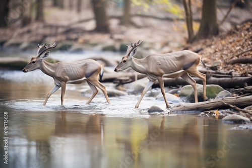 two kudus crossing a shallow stream