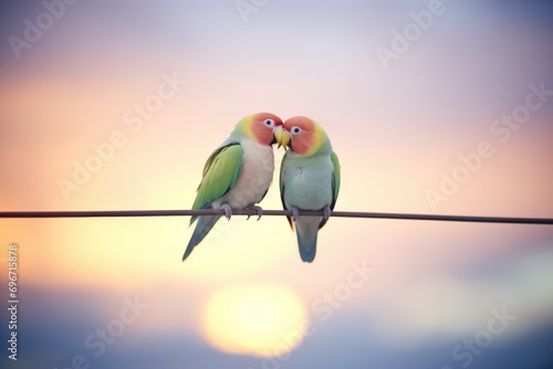 lovebirds in a gentle peck facing sunset sky photo