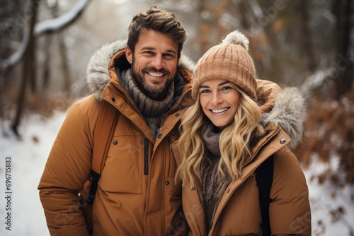 Portrait of young beautiful Caucasian couple in winter outwear against the backdrop of snowy forest or park. Cheerful smiling man and woman spending Christmas vacation together.