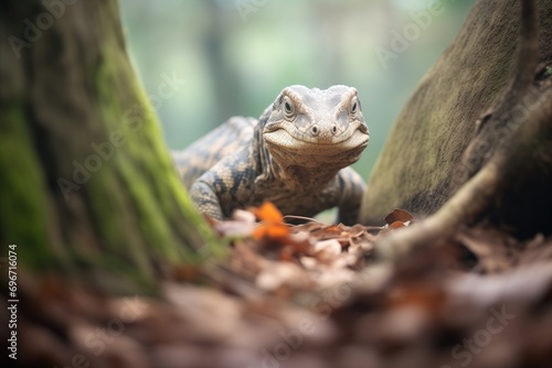 monitor lizard approaching tree hole entrance