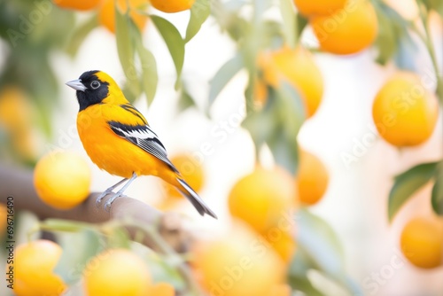 focused shot of oriole with blurred orange grove photo