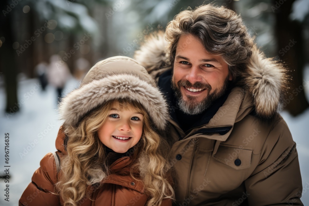 Portrait of cheerful Caucasian father and his cute daughter against the backdrop of snowy forest or park. Happy family in winter outwear spend vacation together walking and hiking.